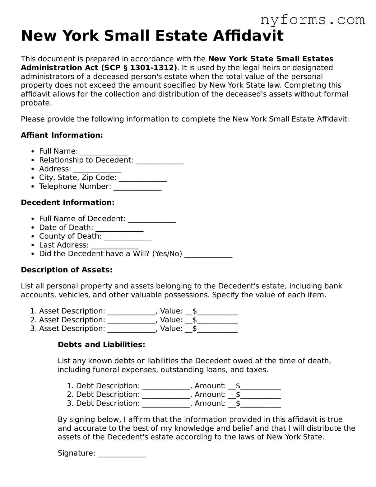 Legal Small Estate Affidavit Form for the State of New York