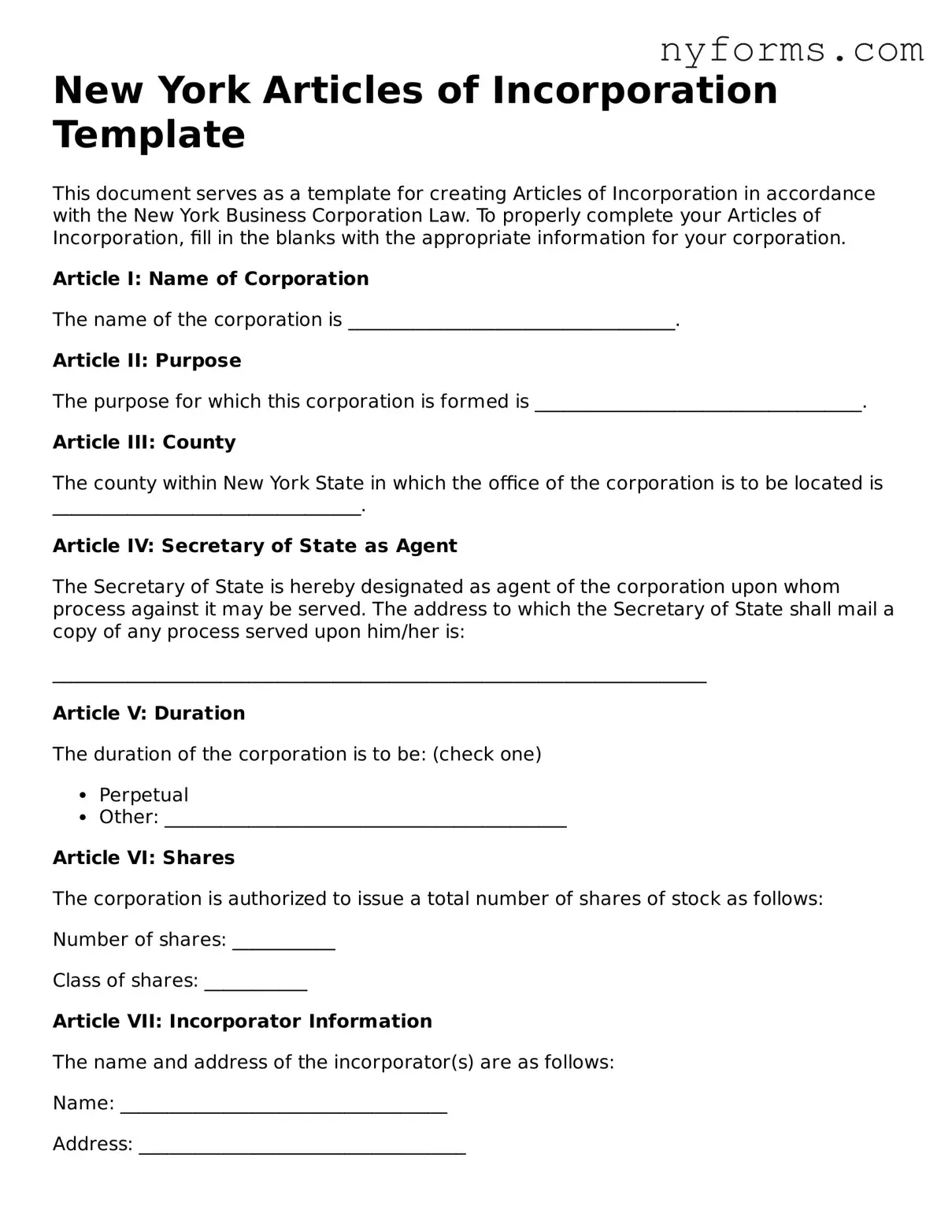 Legal Articles of Incorporation Form for the State of New York