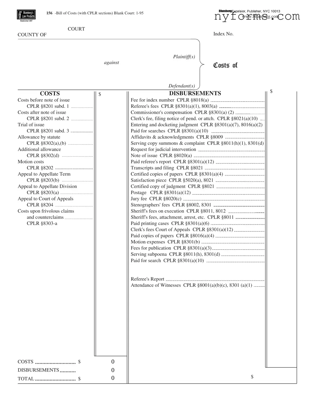 Fill a Valid New York Bill Costs Template