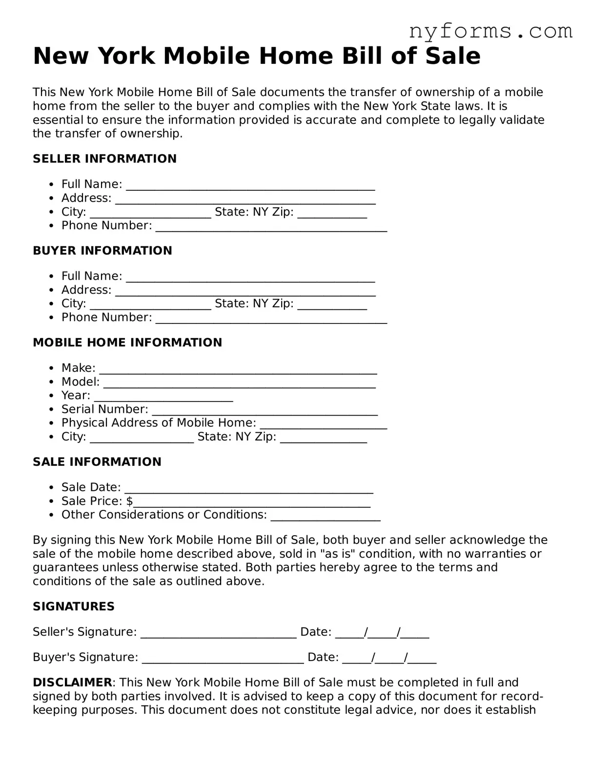 Legal Mobile Home Bill of Sale Form for the State of New York