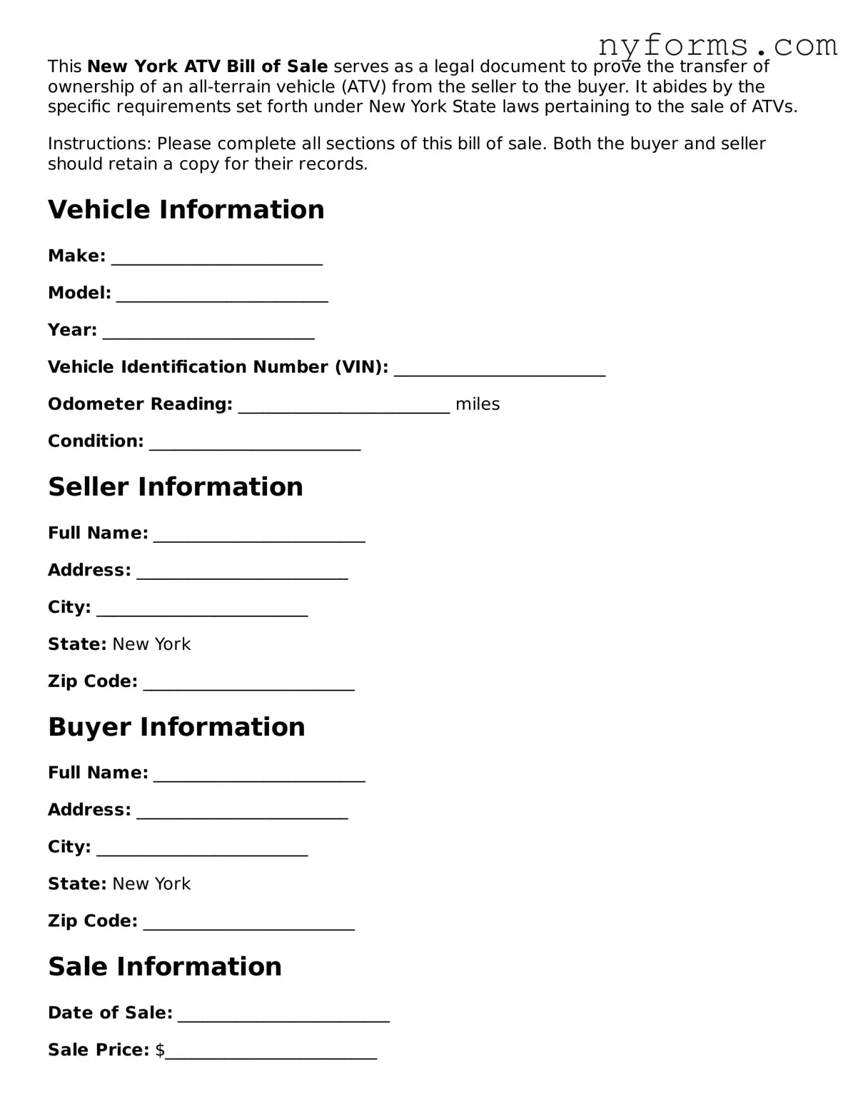 Legal ATV Bill of Sale Form for the State of New York