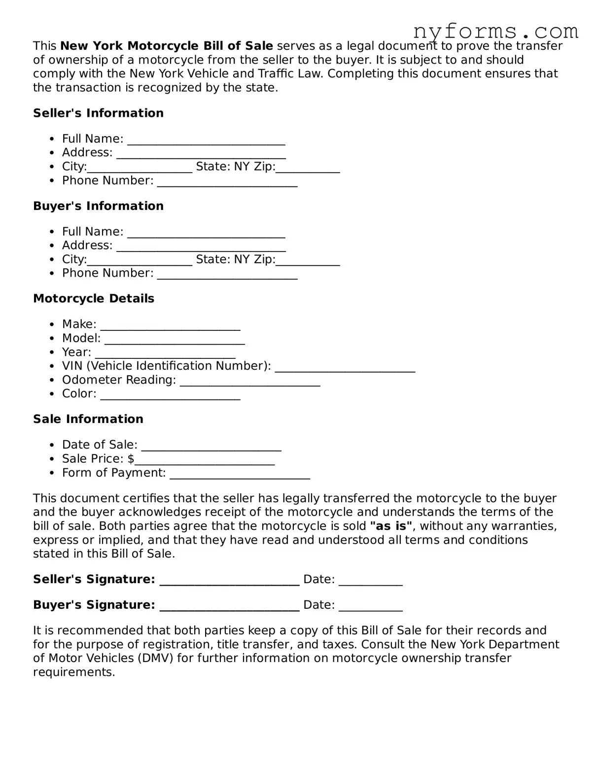 Legal Motorcycle Bill of Sale Form for the State of New York