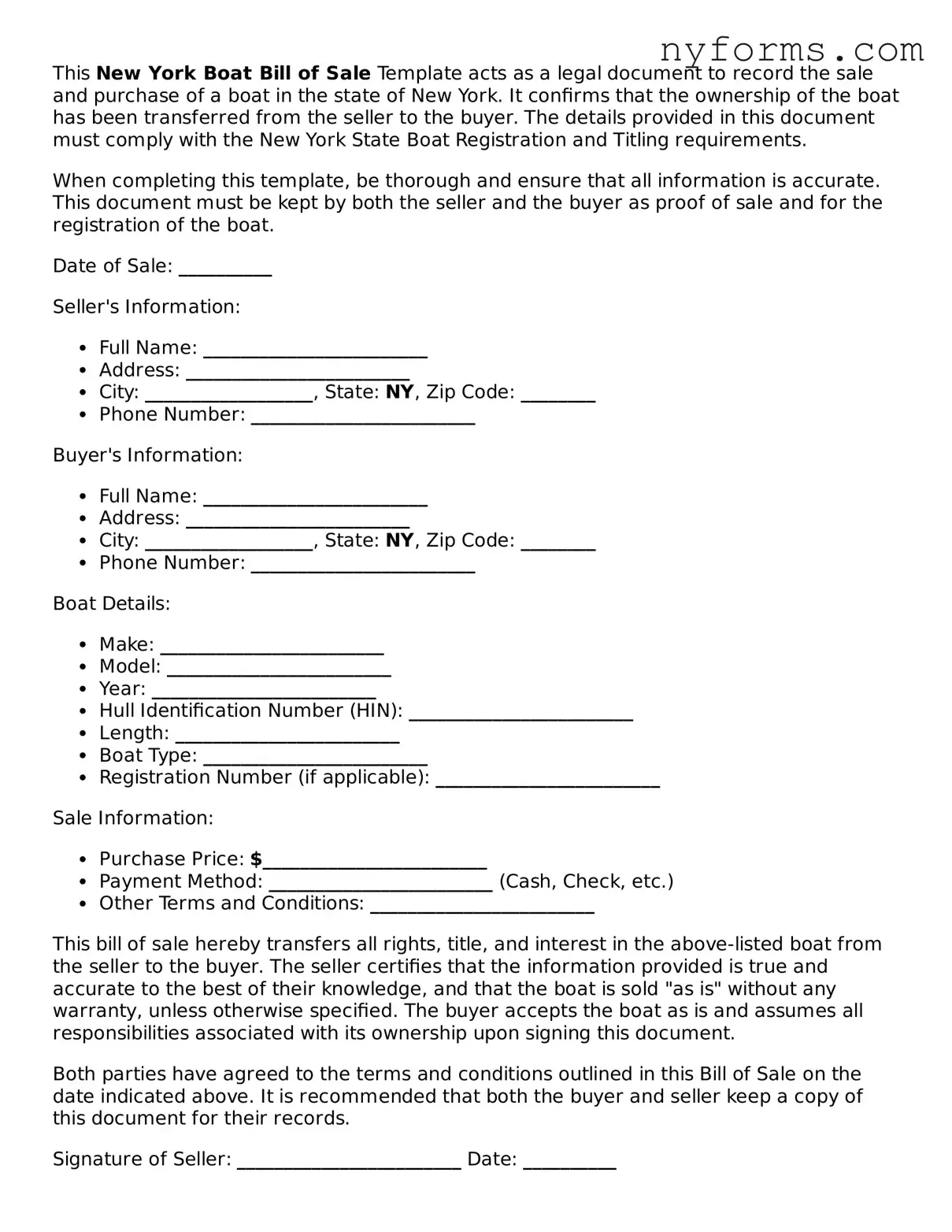 Legal Boat Bill of Sale Form for the State of New York