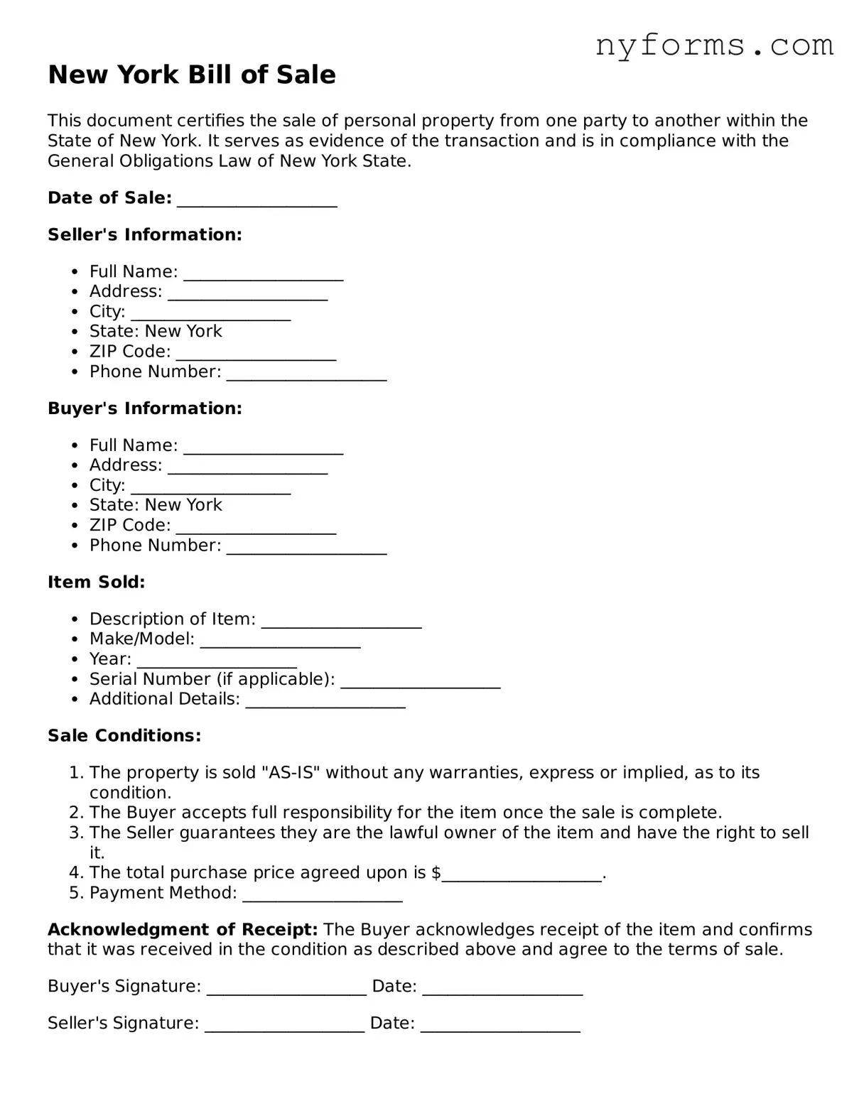 Legal Bill of Sale Form for the State of New York