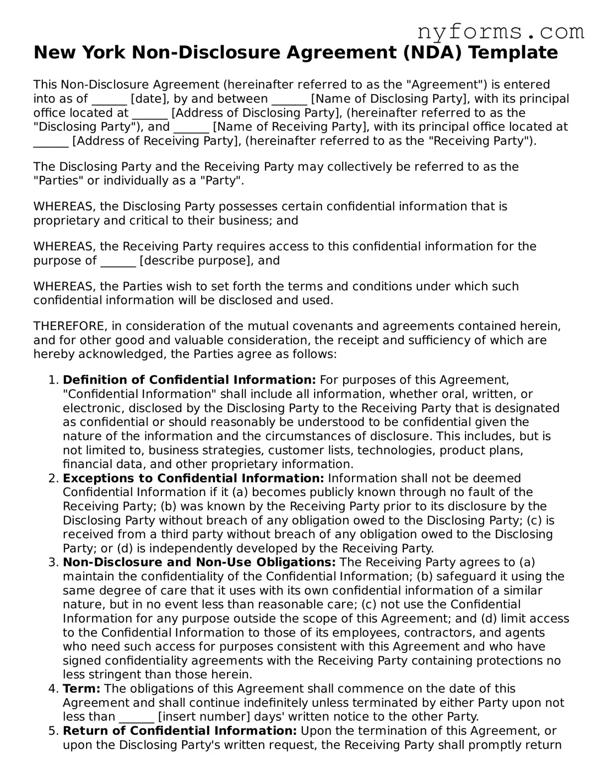 Legal Non-disclosure Agreement Form for the State of New York