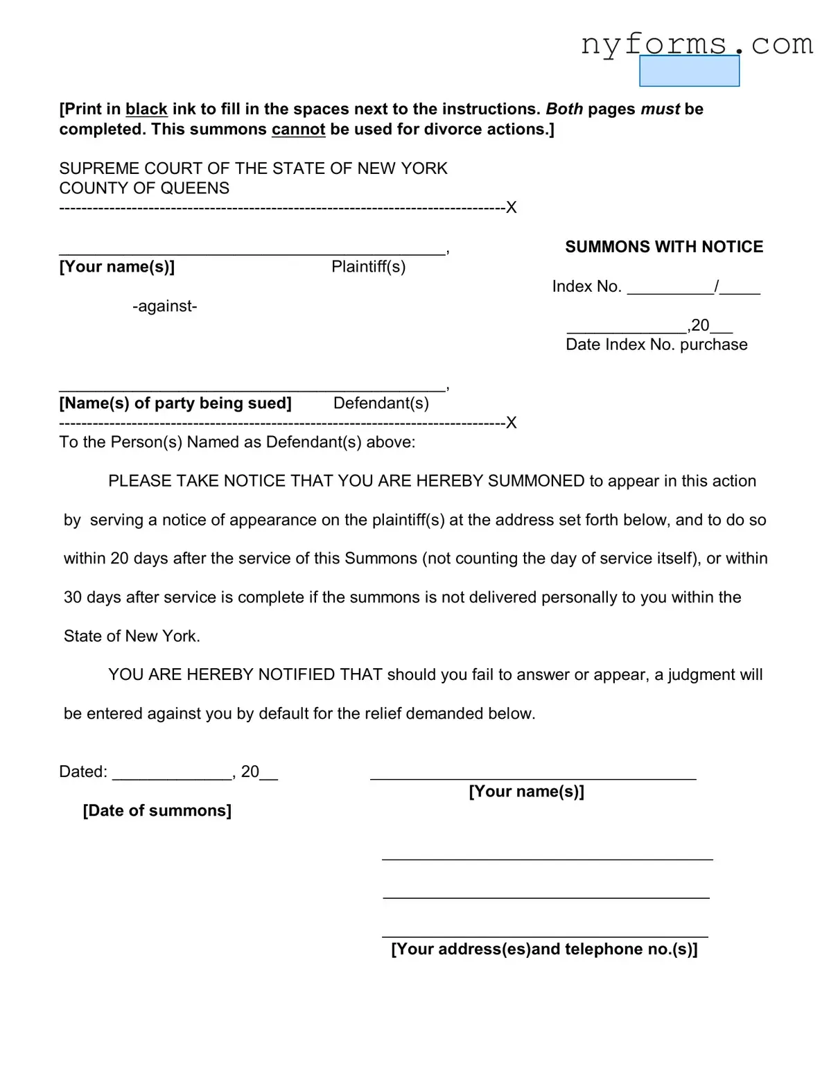 Fill a Valid New York Court Summons Template