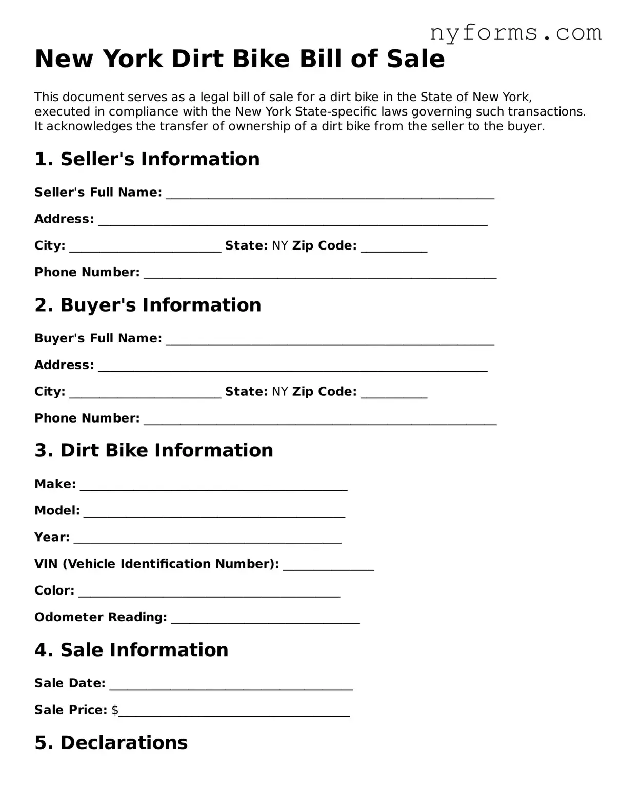 Legal Dirt Bike Bill of Sale Form for the State of New York