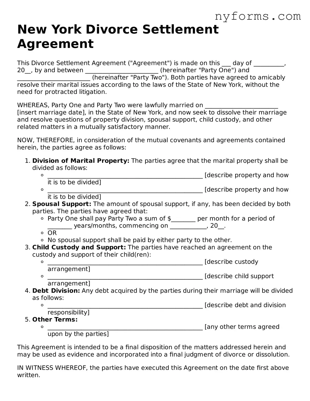 Legal Divorce Settlement Agreement Form for the State of New York