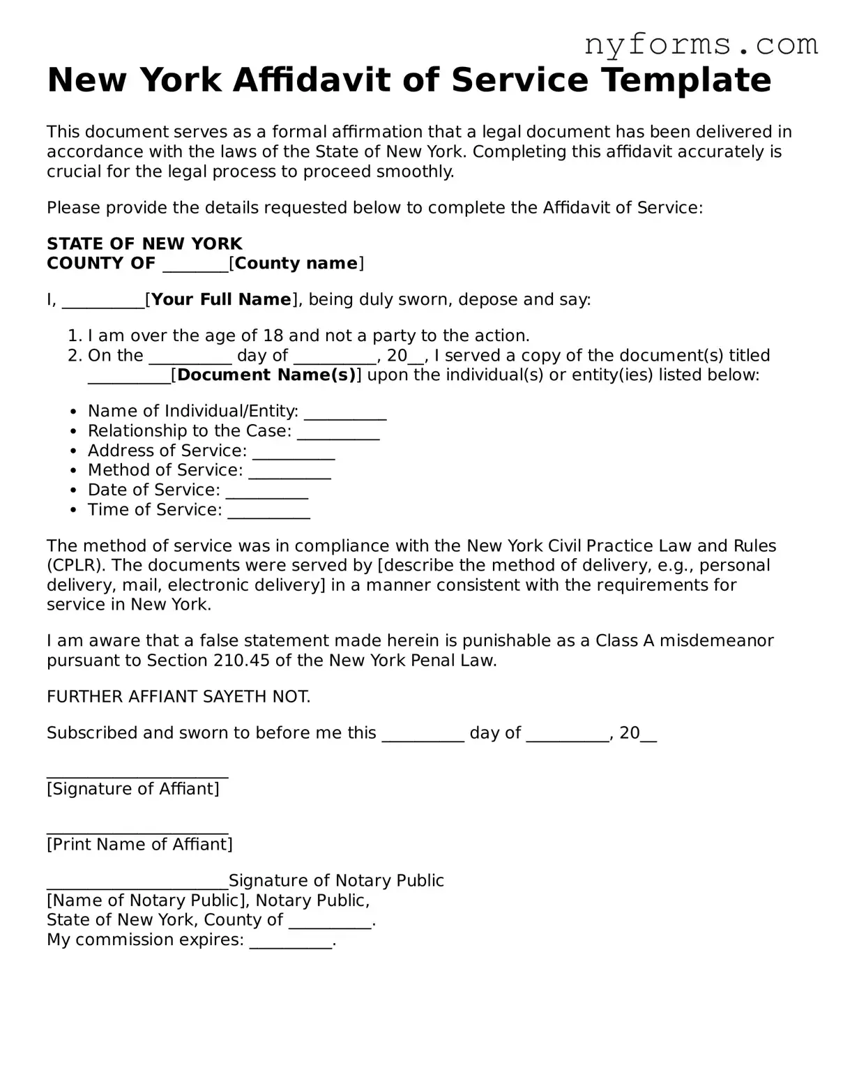 Legal Affidavit of Service Form for the State of New York