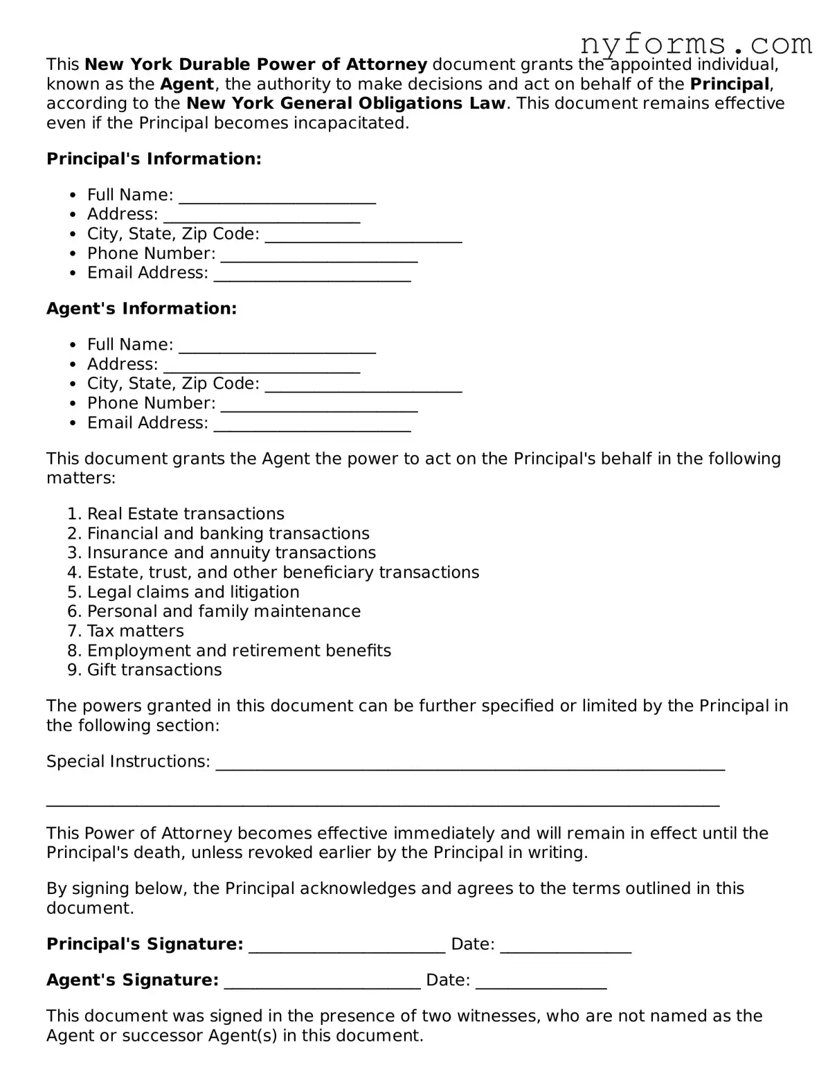 Legal Durable Power of Attorney Form for the State of New York