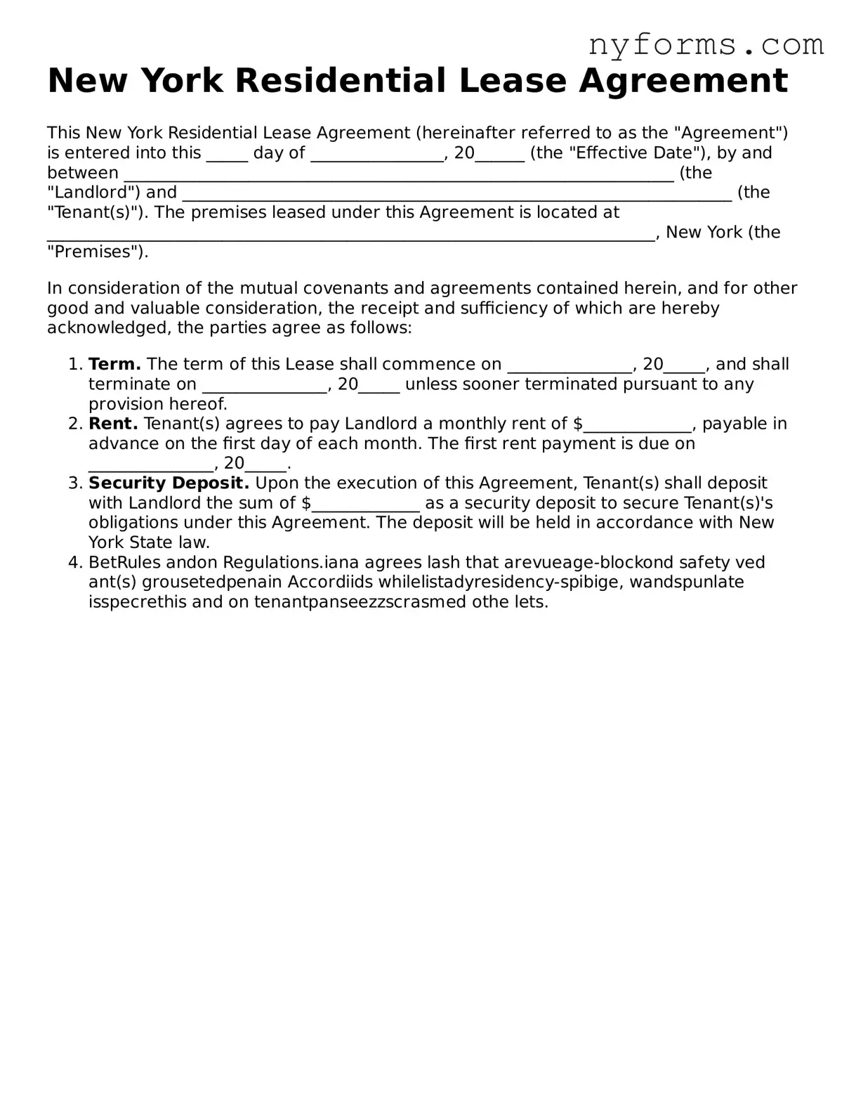 Legal Residential Lease Agreement Form for the State of New York