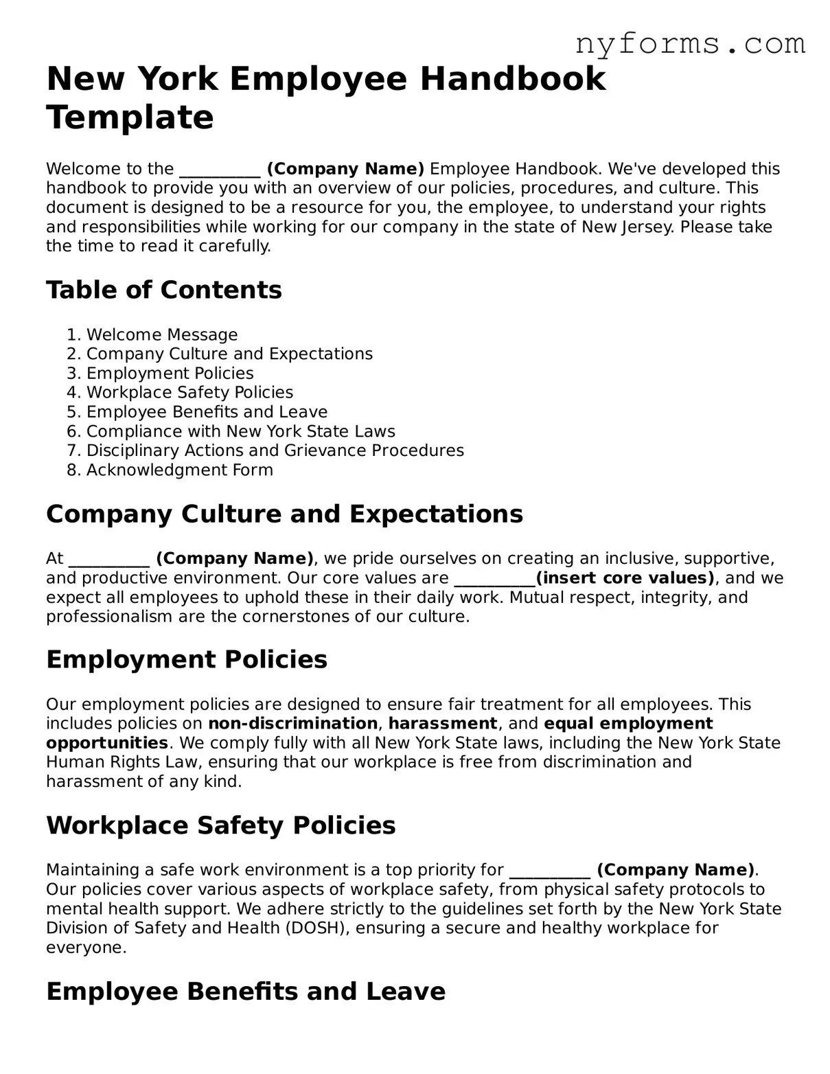 Legal Employee Handbook Form for the State of New York