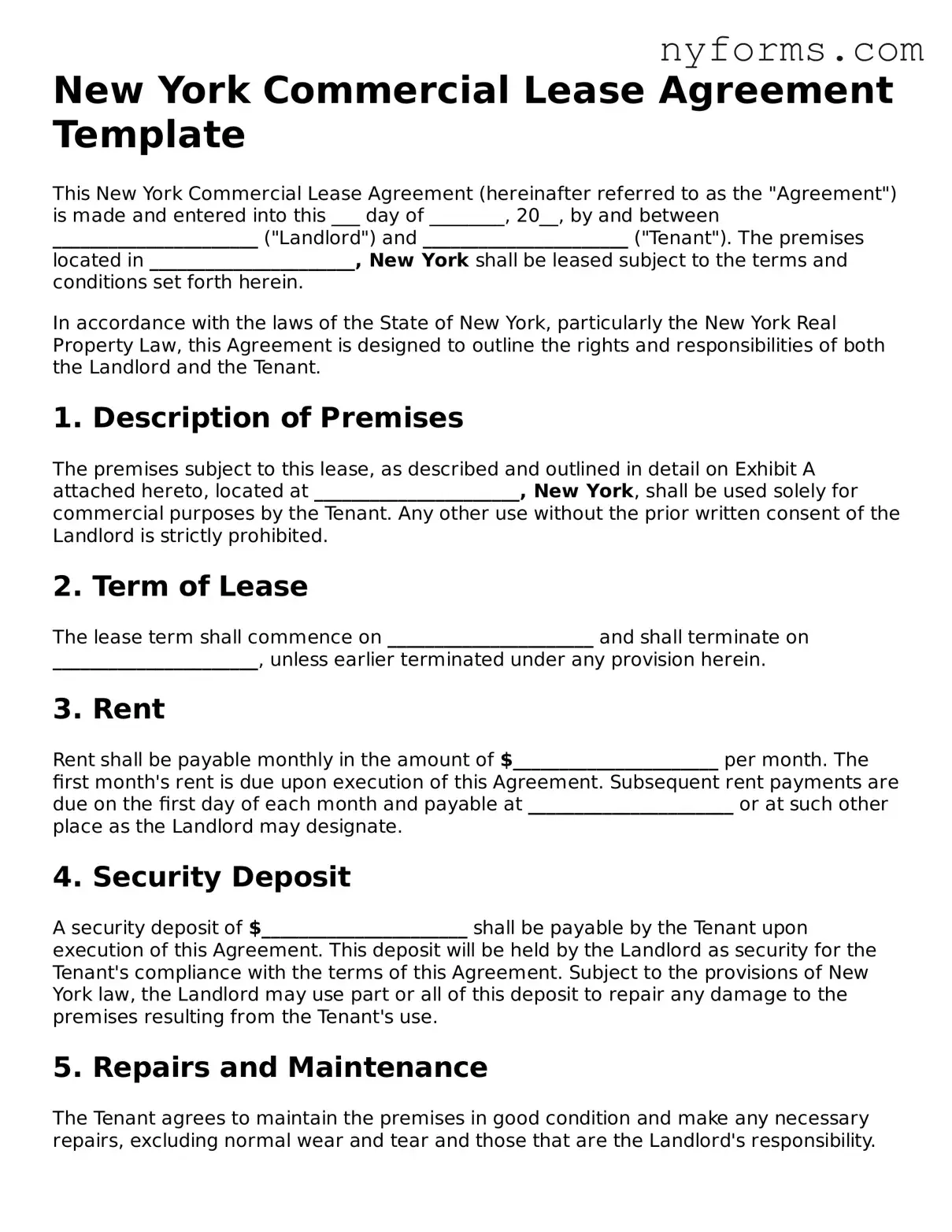 Legal Commercial Lease Agreement Form for the State of New York
