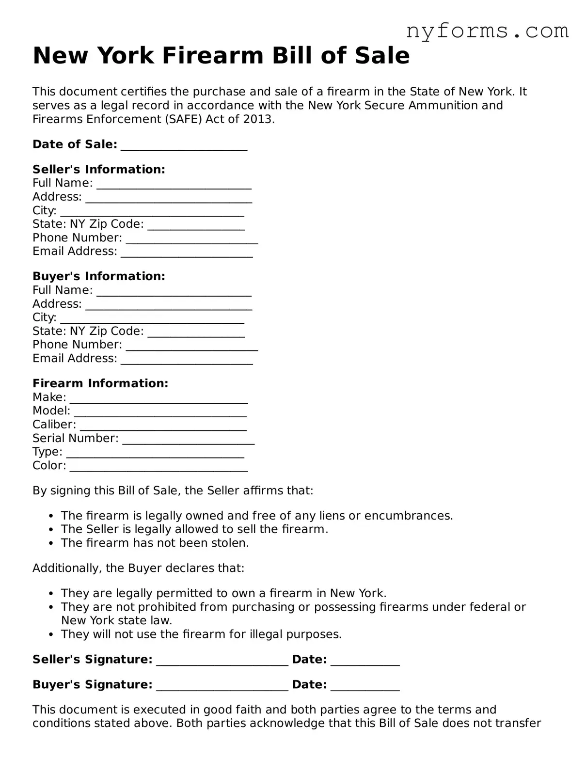 Legal Firearm Bill of Sale Form for the State of New York