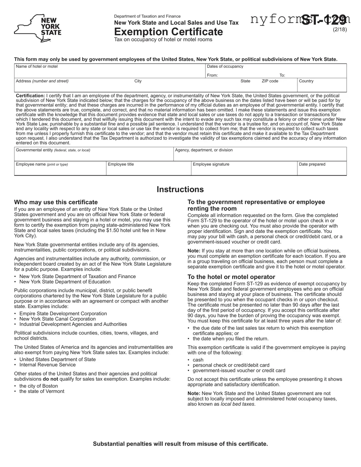Fill a Valid New York Hotel Tax Exempt Template