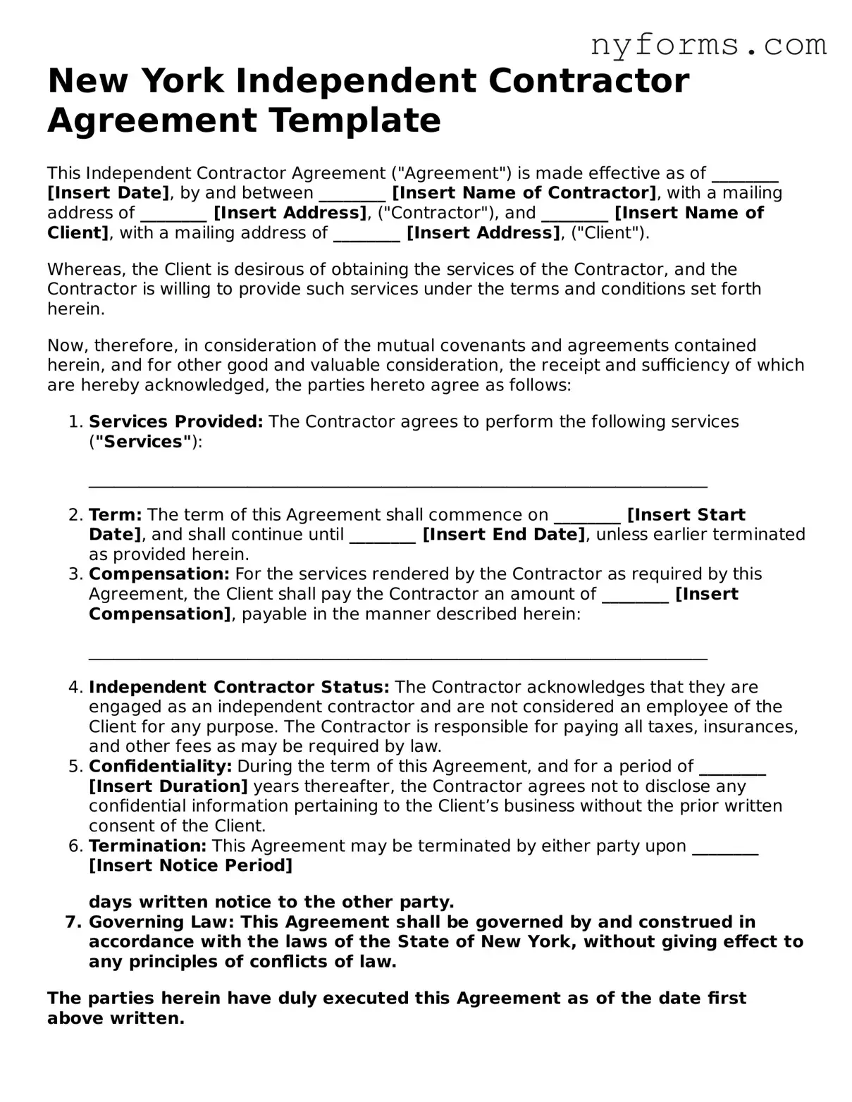 Legal Independent Contractor Agreement Form for the State of New York