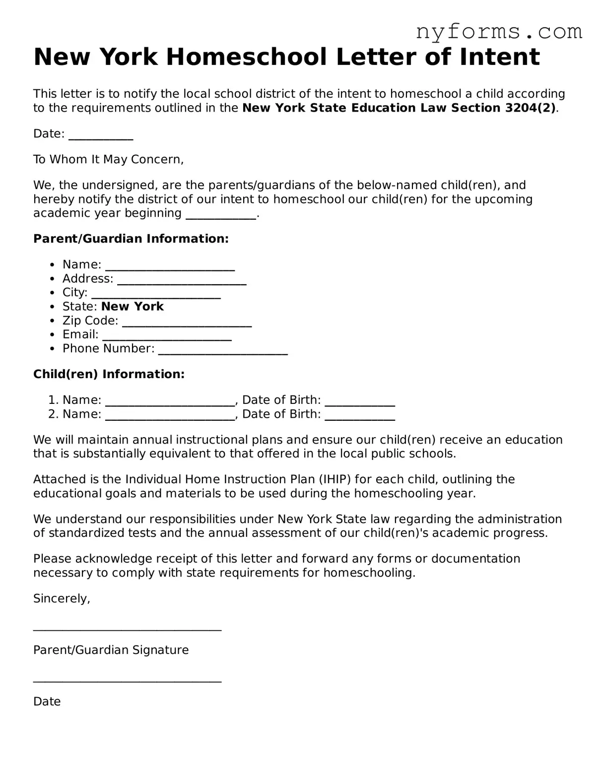 Legal Homeschool Letter of Intent Form for the State of New York