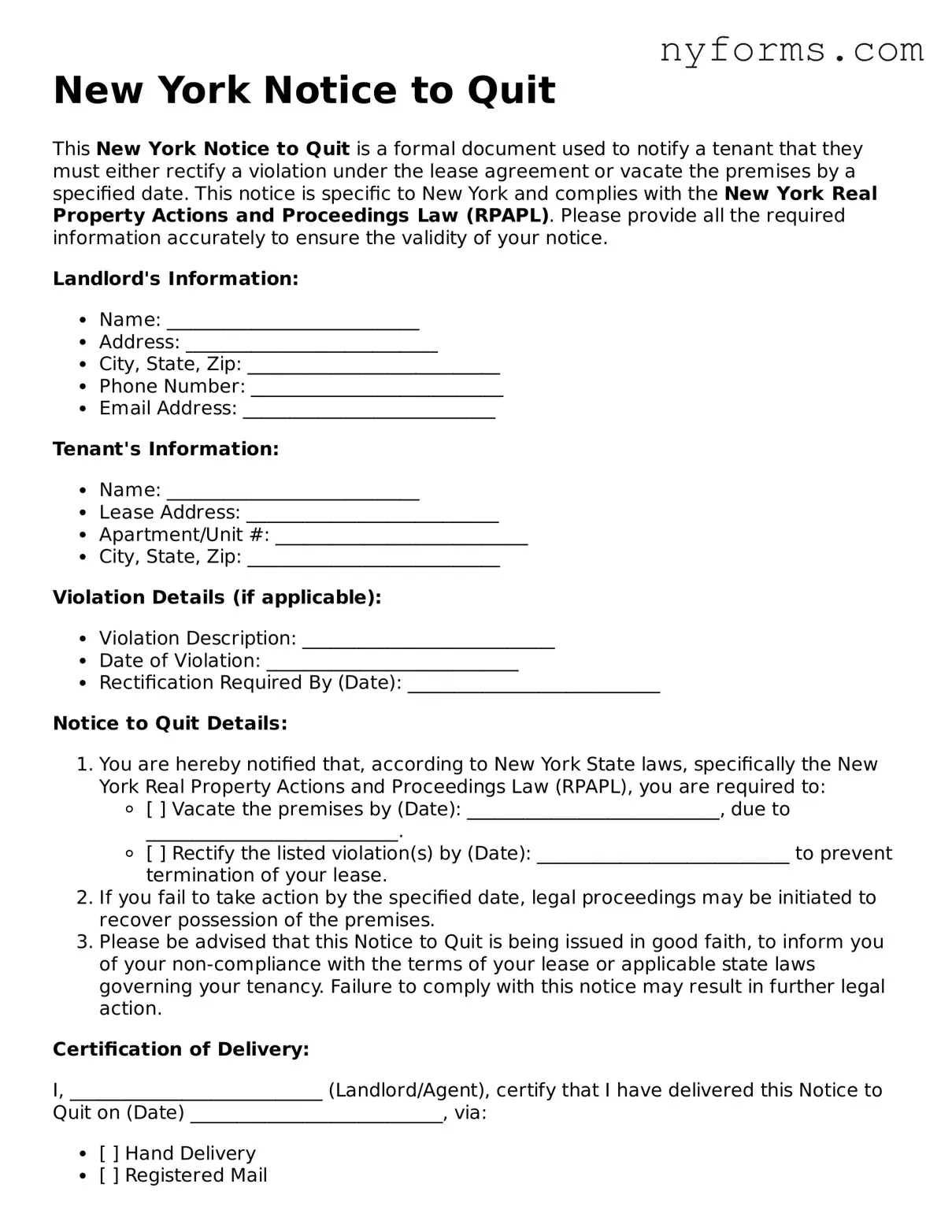 Legal Notice to Quit Form for the State of New York