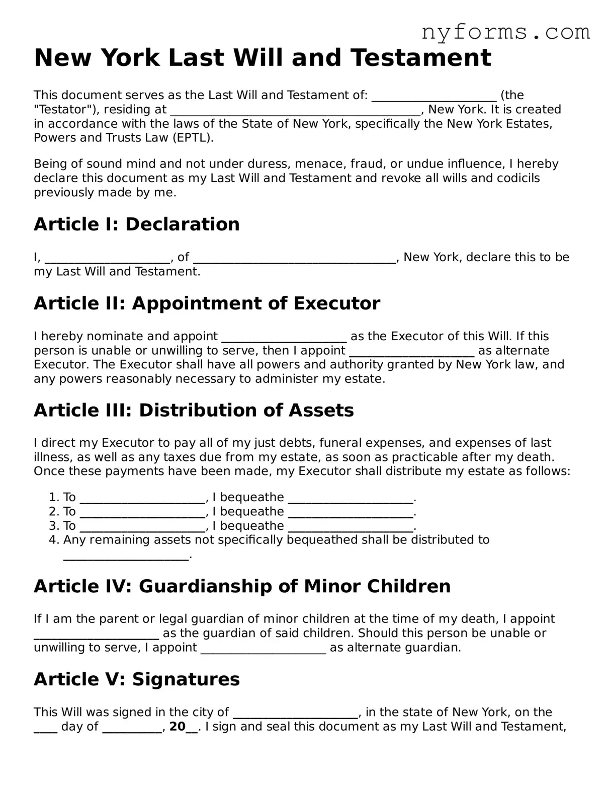 Legal Last Will and Testament Form for the State of New York