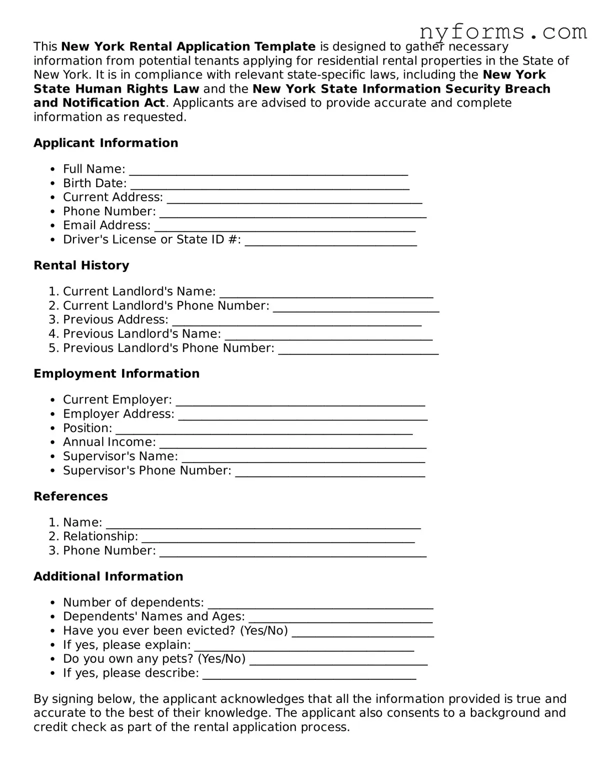 Legal Rental Application Form for the State of New York