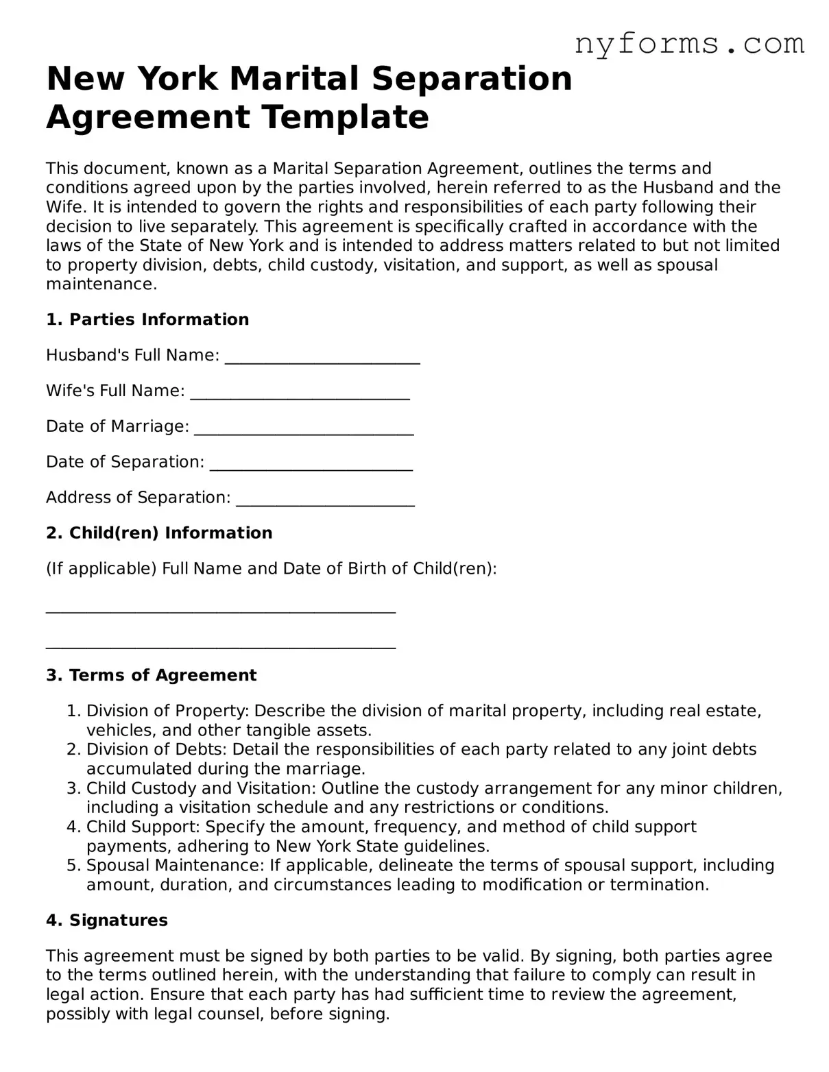 Legal Marital Separation Agreement Form for the State of New York