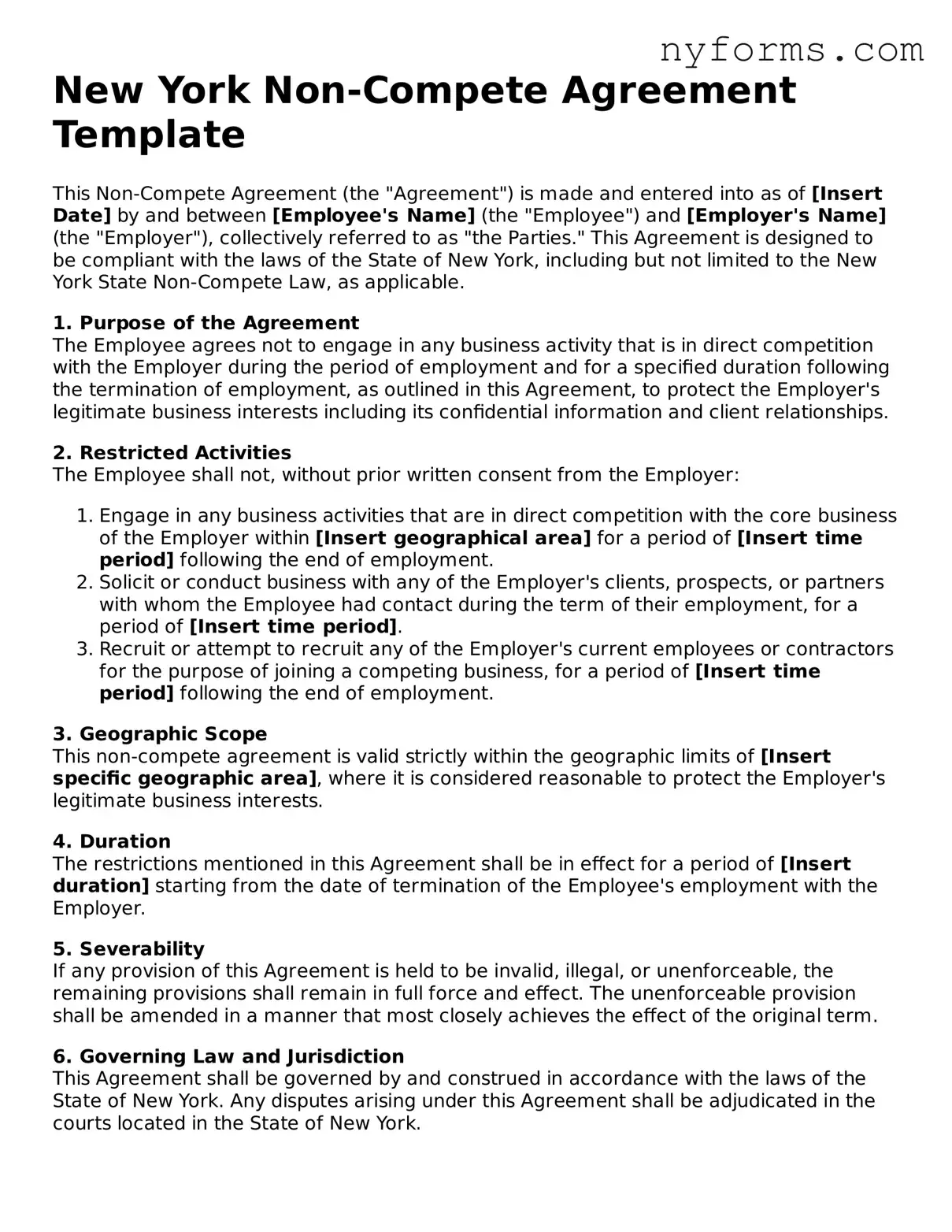 Legal Non-compete Agreement Form for the State of New York