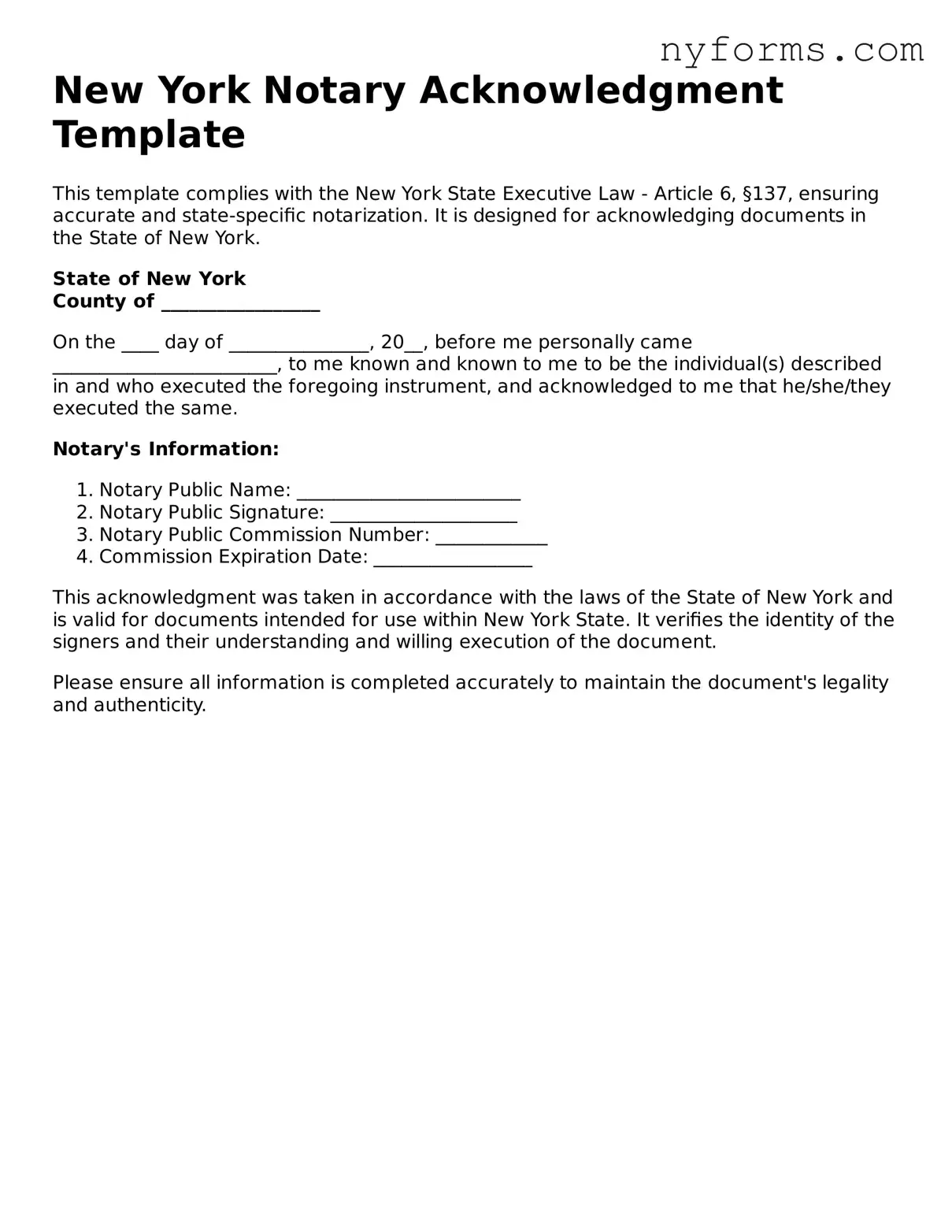 Legal Notary Acknowledgement Form for the State of New York