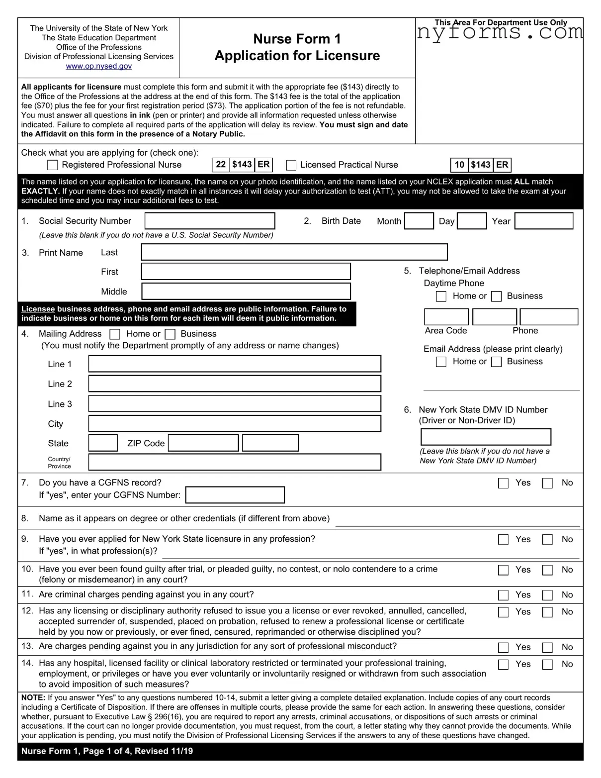 Fill a Valid New York Nurse 1 Template