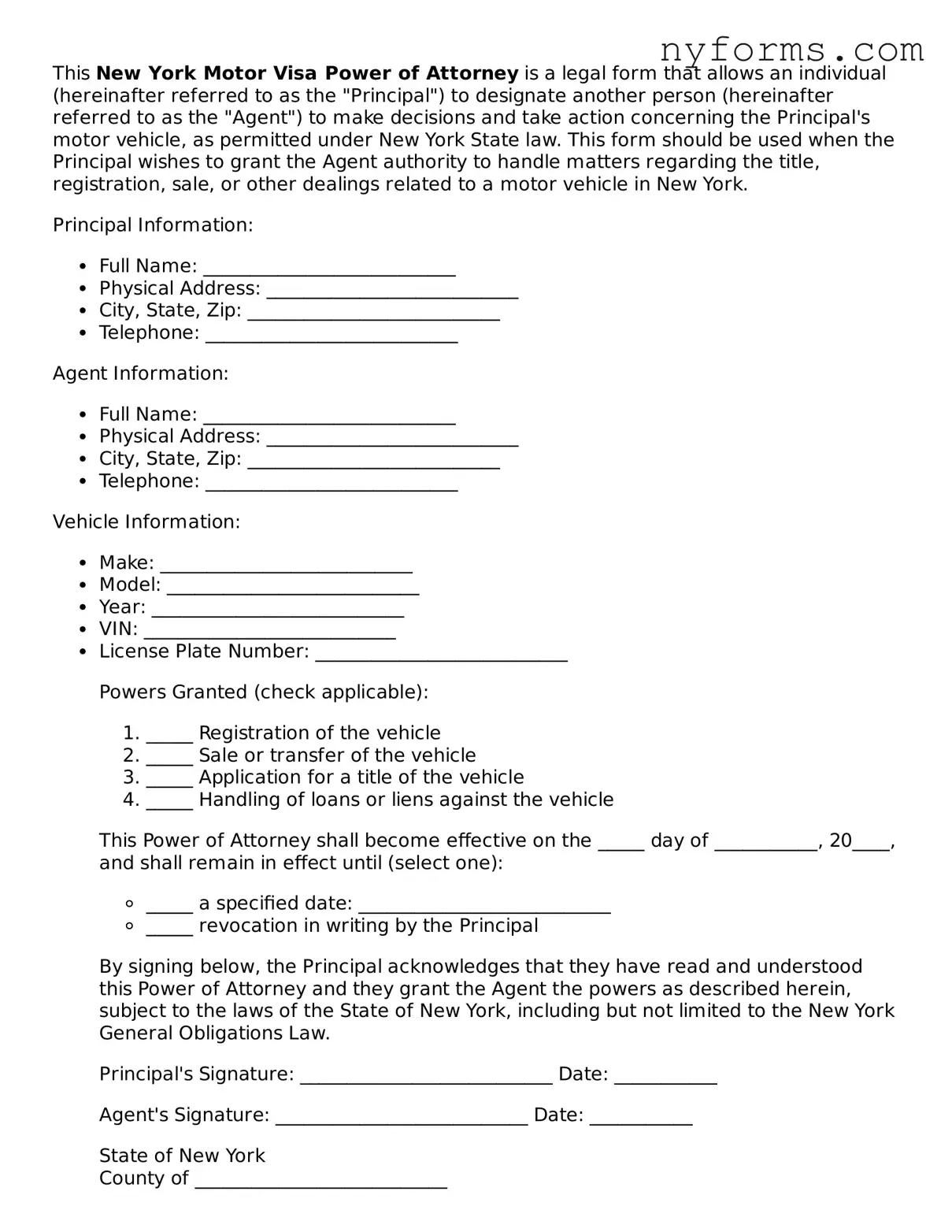 Legal Motor Vehicle Power of Attorney Form for the State of New York