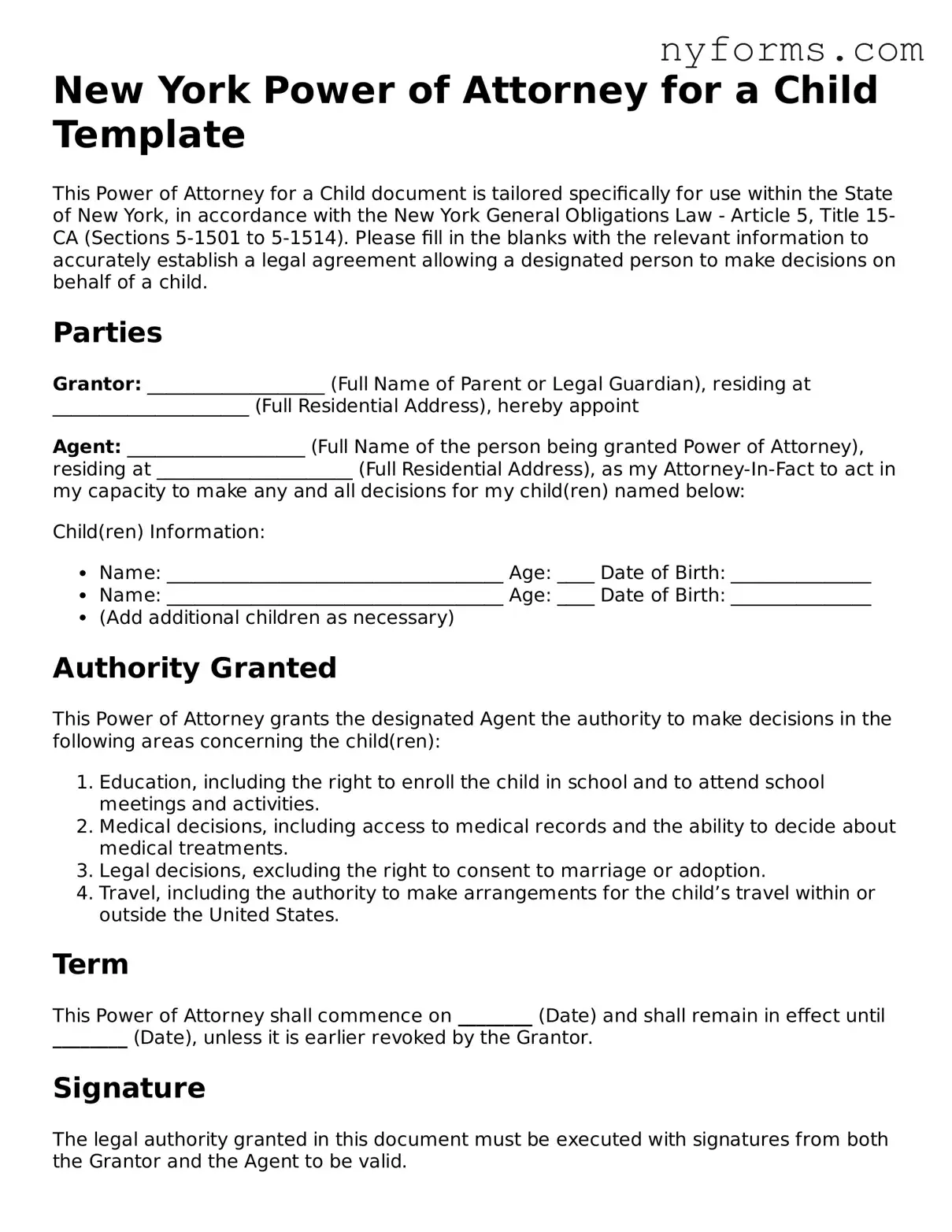 Legal Power of Attorney for a Child Form for the State of New York
