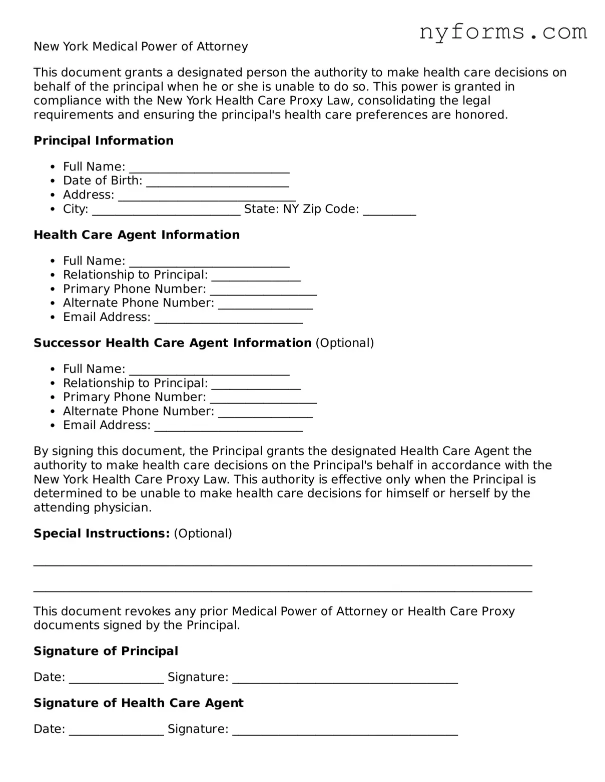 Legal Medical Power of Attorney Form for the State of New York