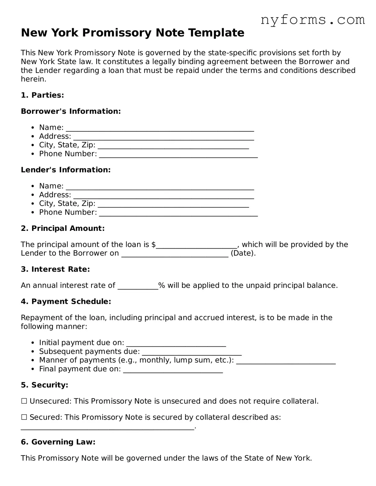 Legal Promissory Note Form for the State of New York