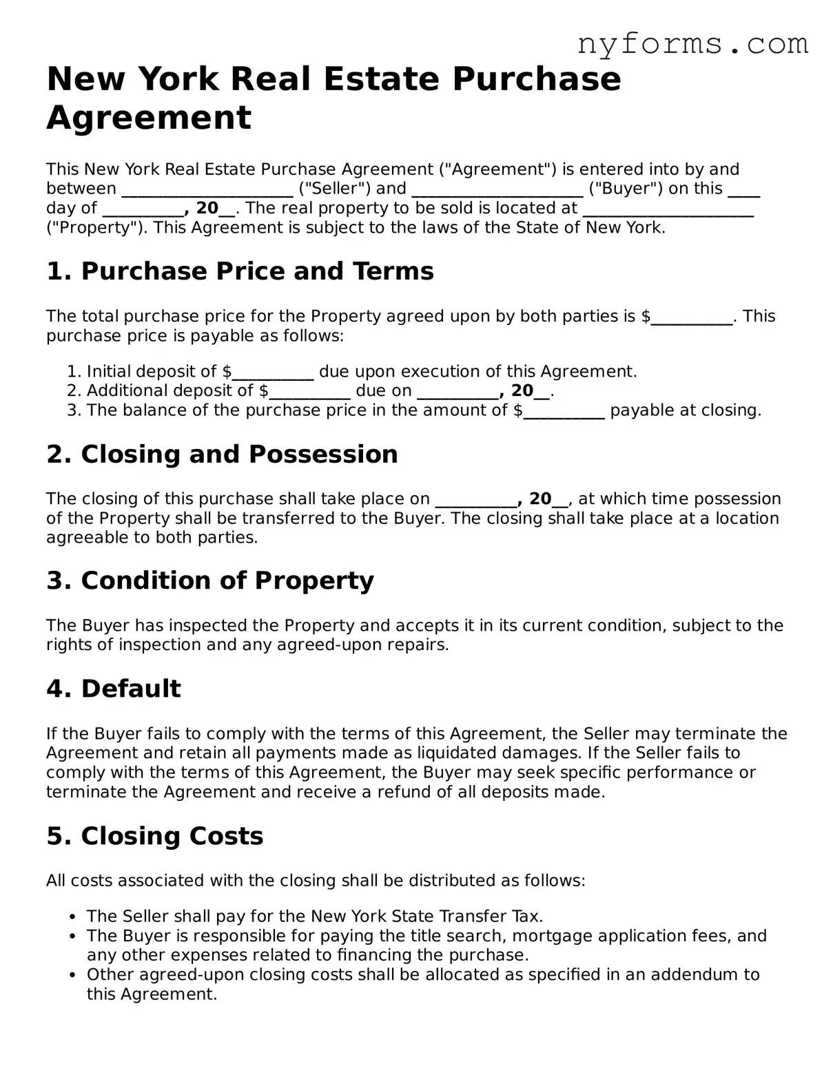 Legal Real Estate Purchase Agreement Form for the State of New York