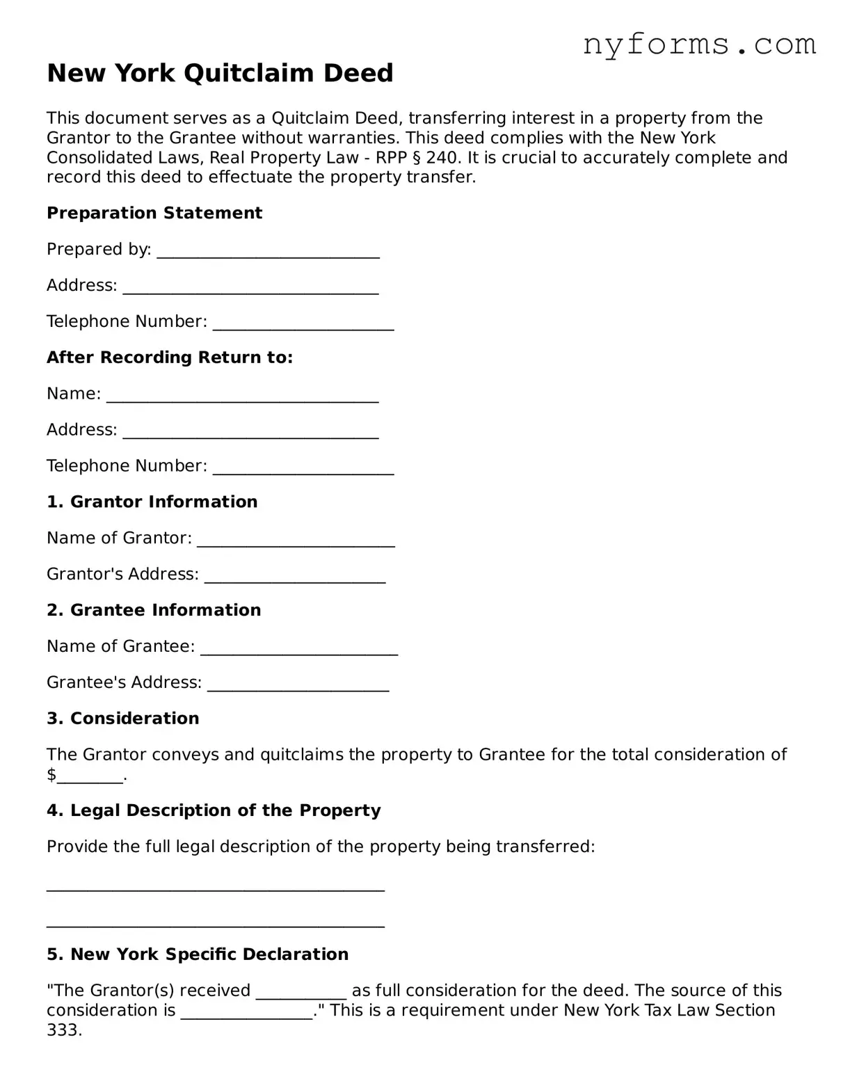 Legal Quitclaim Deed Form for the State of New York
