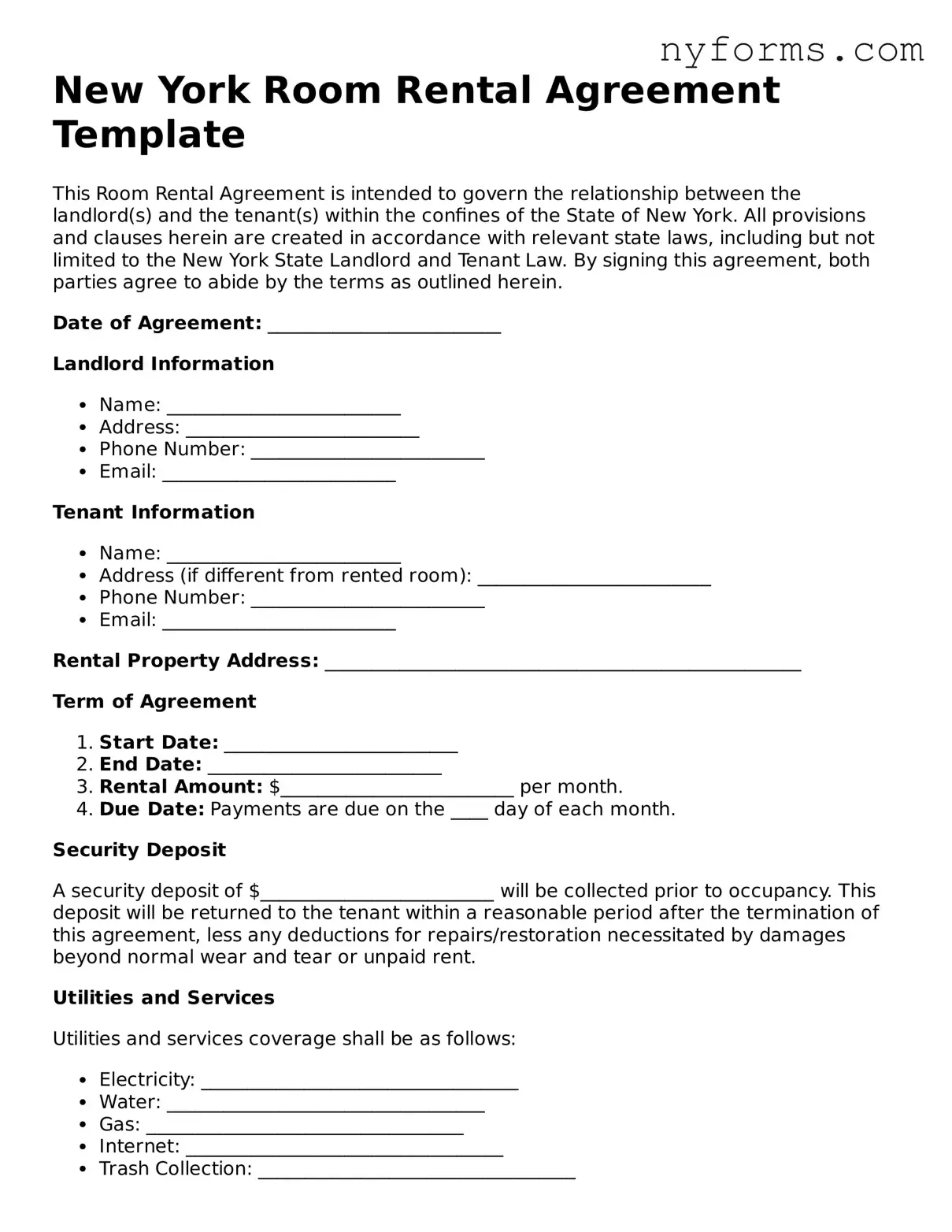 Legal Room Rental Agreement Form for the State of New York