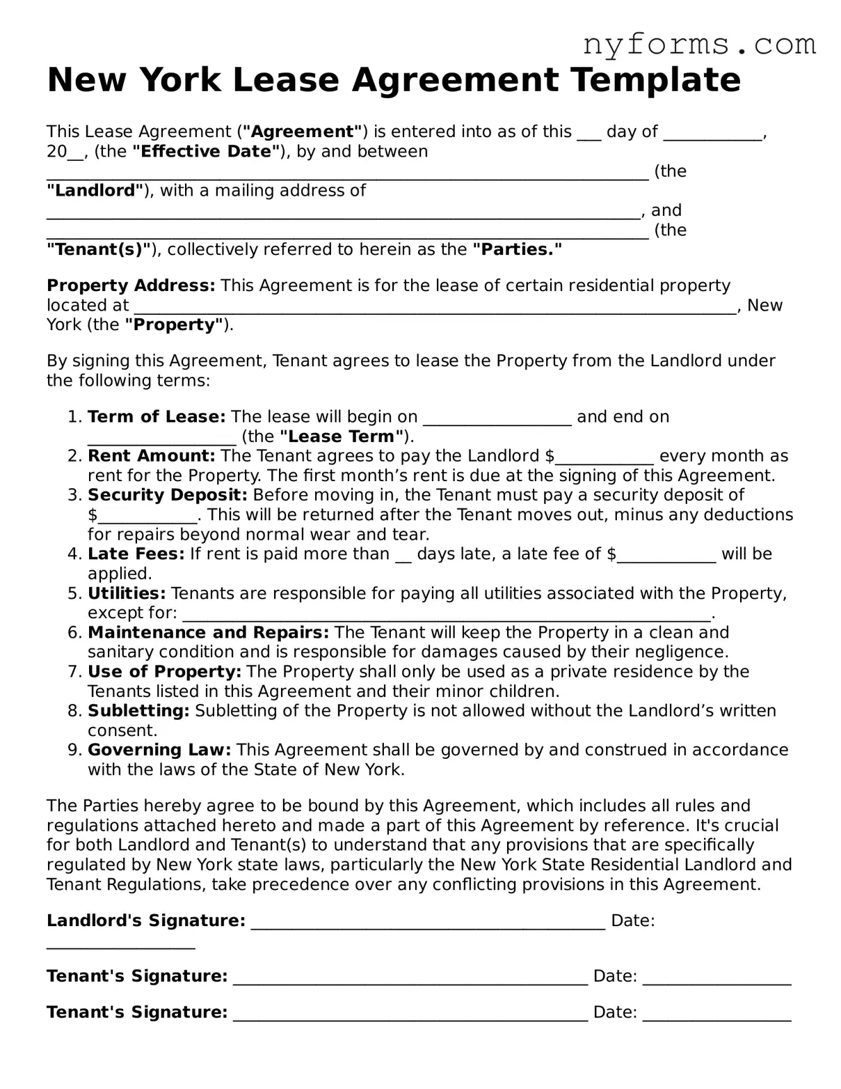 Legal Lease Agreement Form for the State of New York