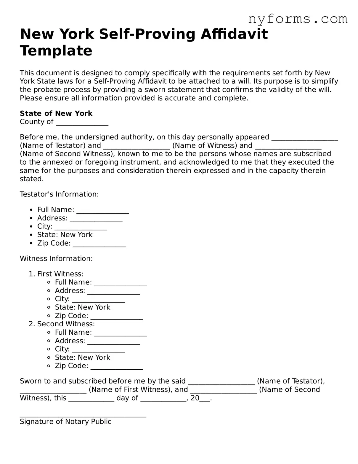 Legal Self-Proving Affidavit Form for the State of New York