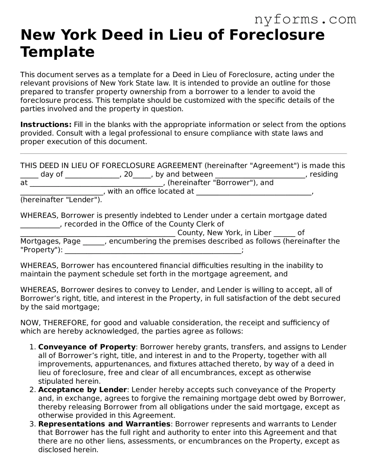 Legal Deed in Lieu of Foreclosure Form for the State of New York