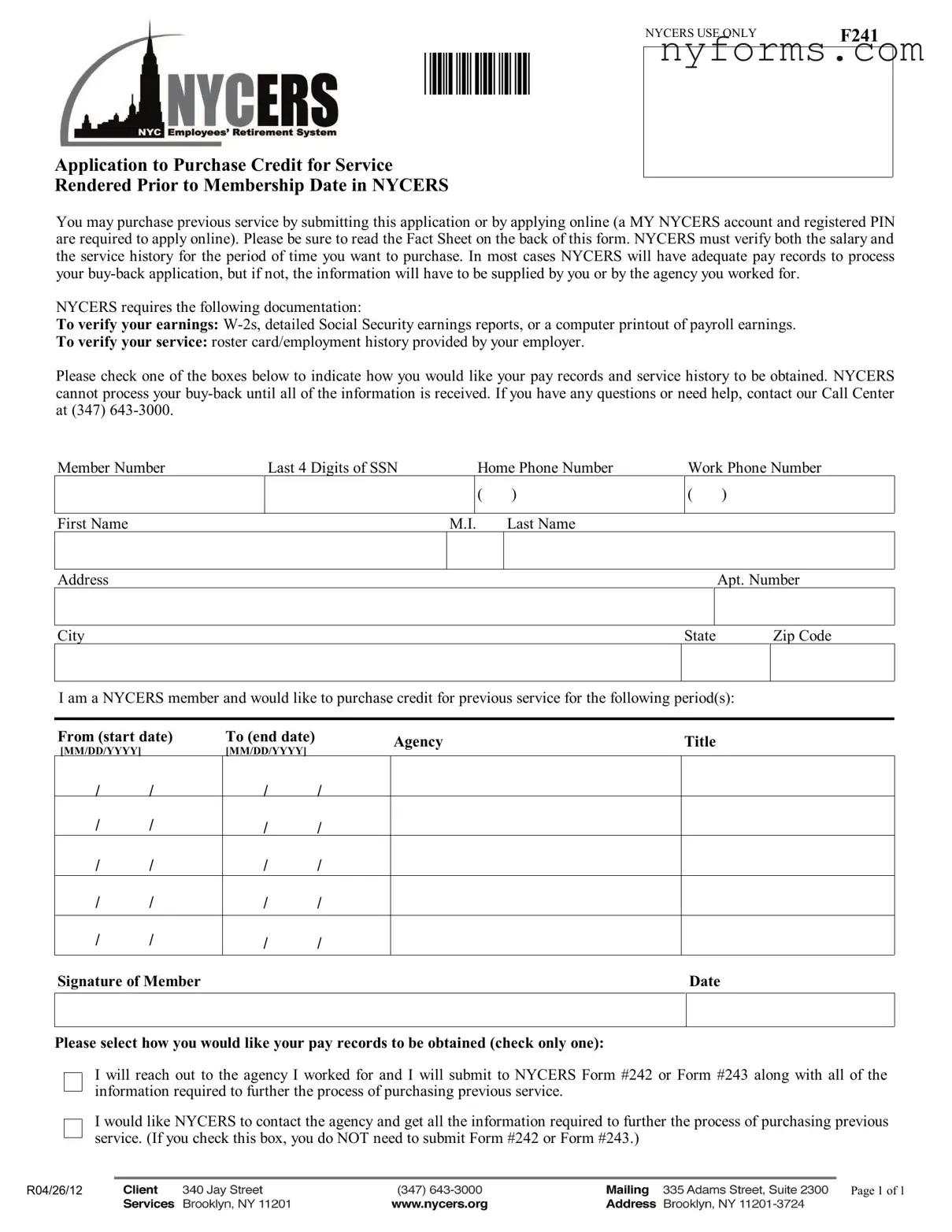 Fill a Valid Nycers F241 Template