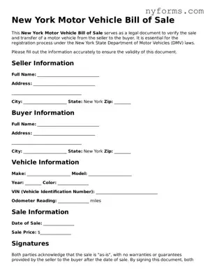 Legal Motor Vehicle Bill of Sale Form for the State of New York