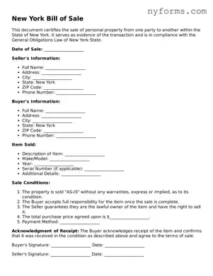 Legal Bill of Sale Form for the State of New York