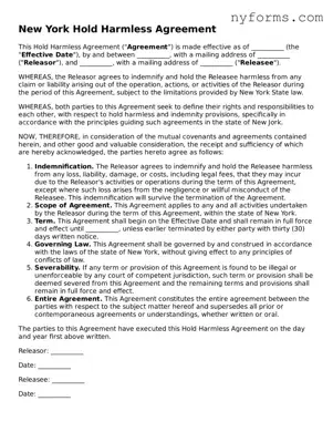 Legal Hold Harmless Agreement Form for the State of New York